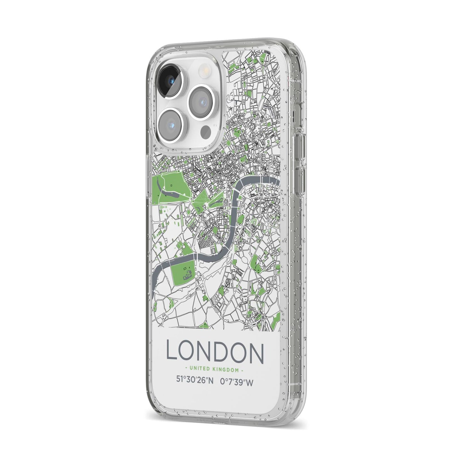 Map of London iPhone 14 Pro Max Glitter Tough Case Silver Angled Image