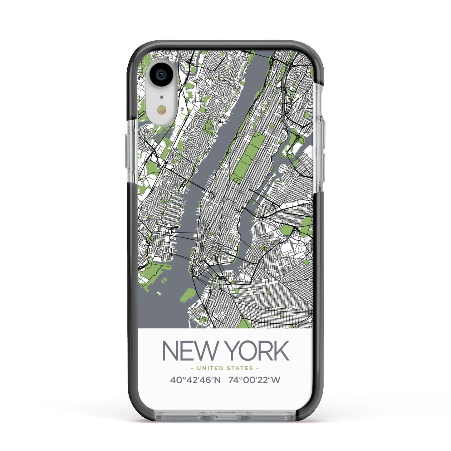 Map of New York Apple iPhone XR Impact Case Black Edge on Silver Phone