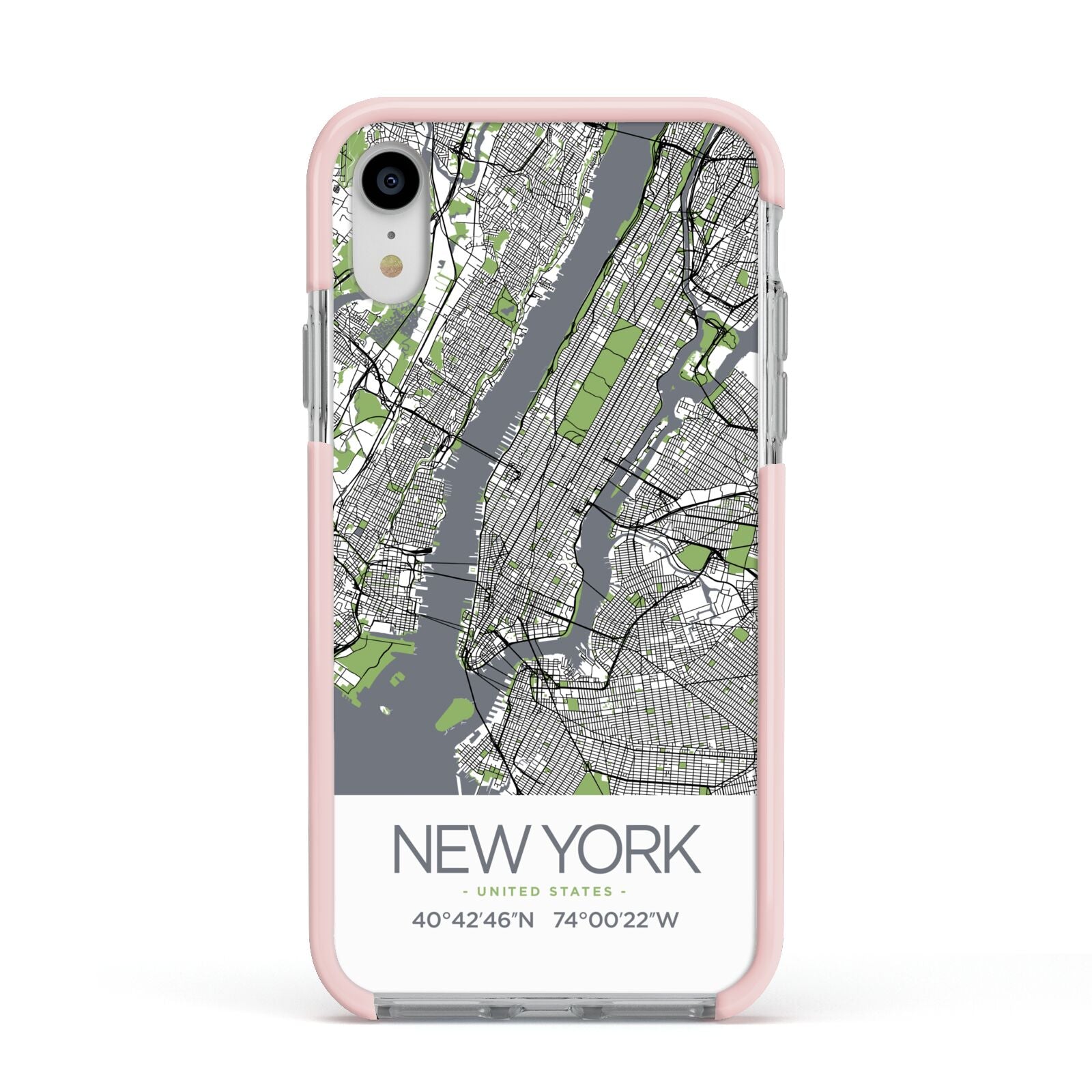 Map of New York Apple iPhone XR Impact Case Pink Edge on Silver Phone