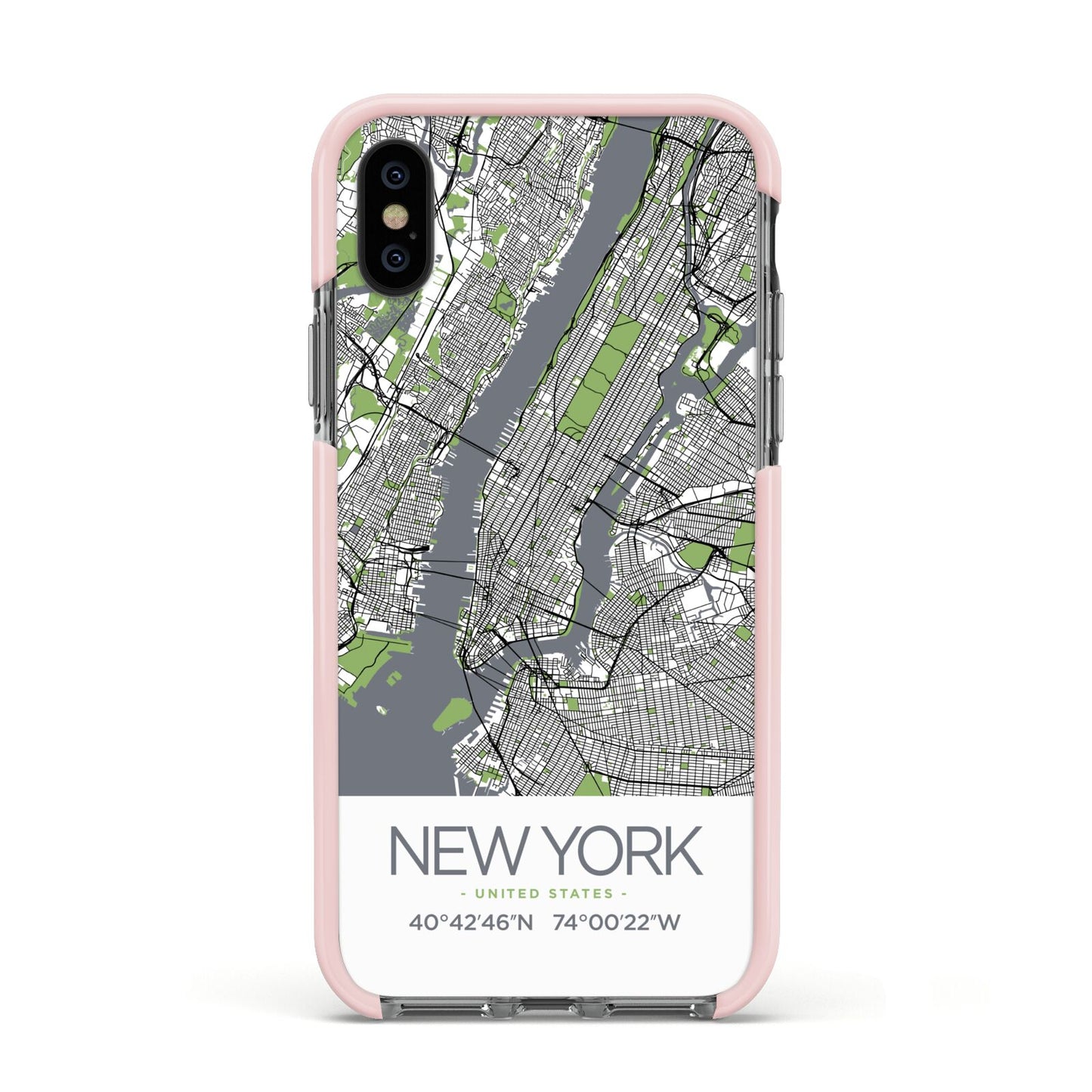 Map of New York Apple iPhone Xs Impact Case Pink Edge on Black Phone