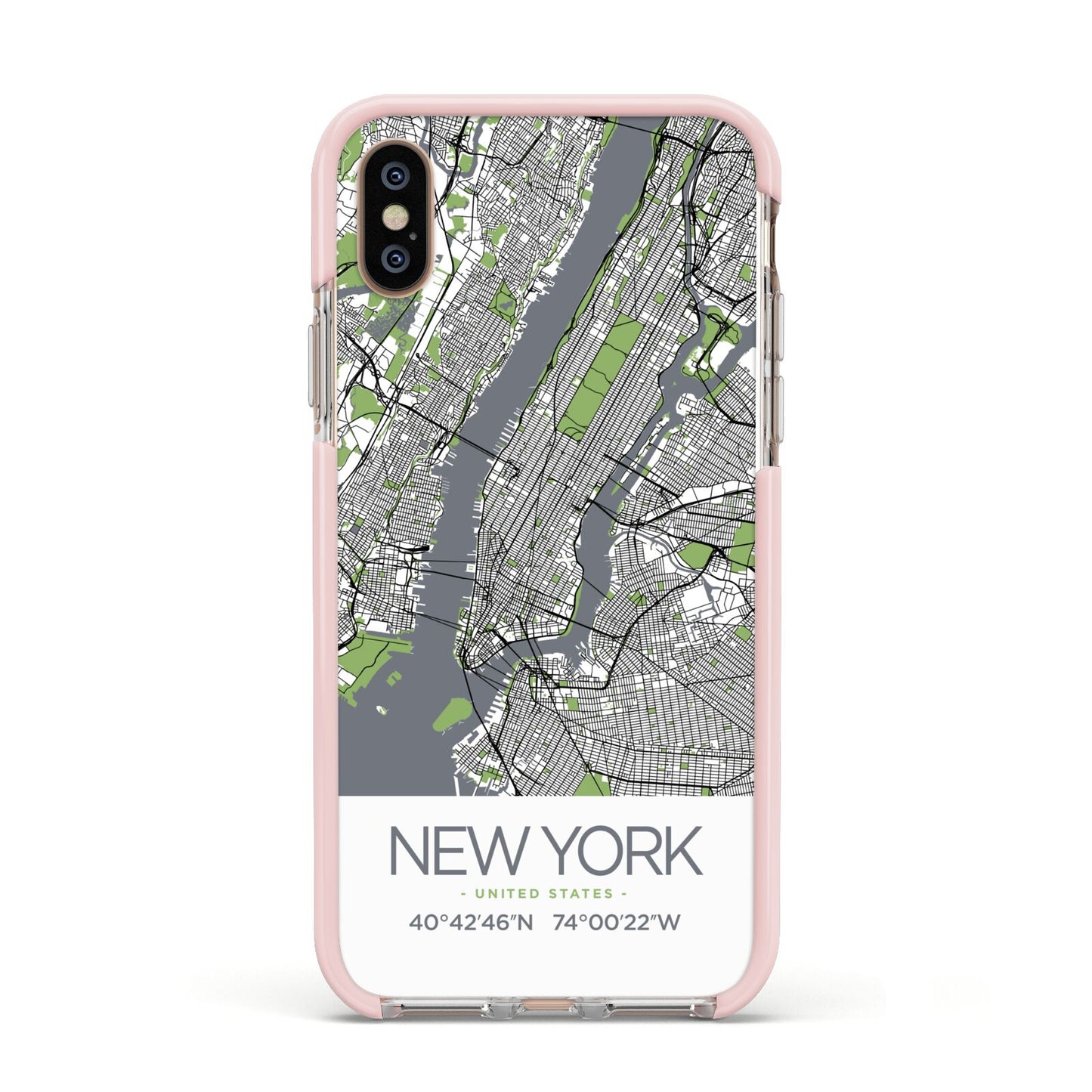 Map of New York Apple iPhone Xs Impact Case Pink Edge on Gold Phone