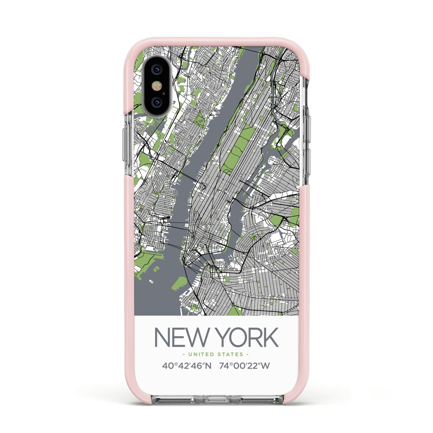 Map of New York Apple iPhone Xs Impact Case Pink Edge on Silver Phone