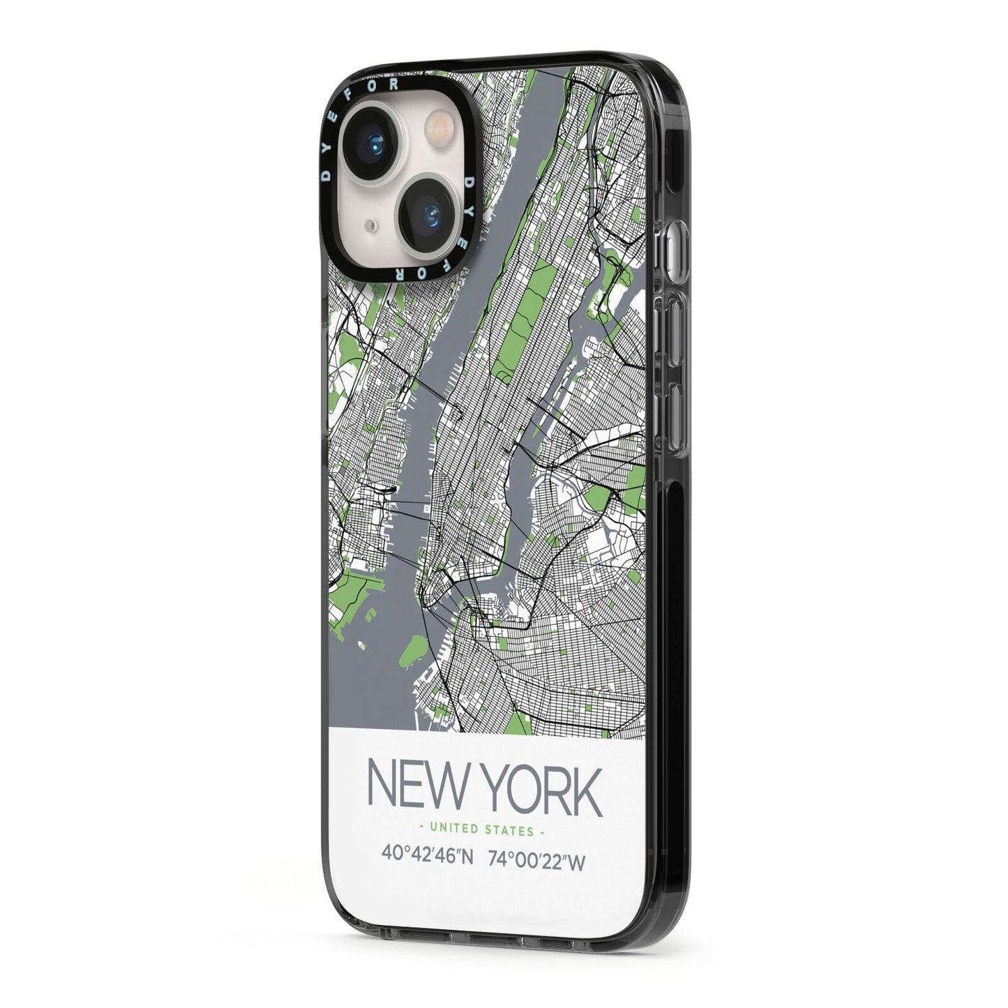 Map of New York iPhone 13 Black Impact Case Side Angle on Silver phone