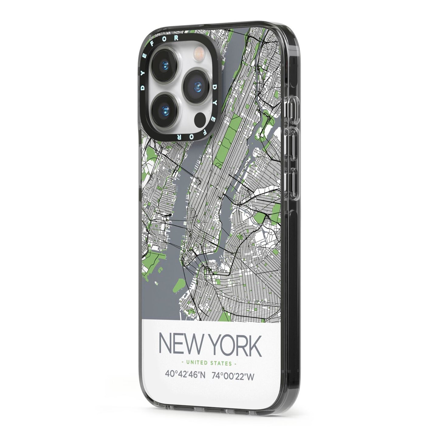 Map of New York iPhone 13 Pro Black Impact Case Side Angle on Silver phone