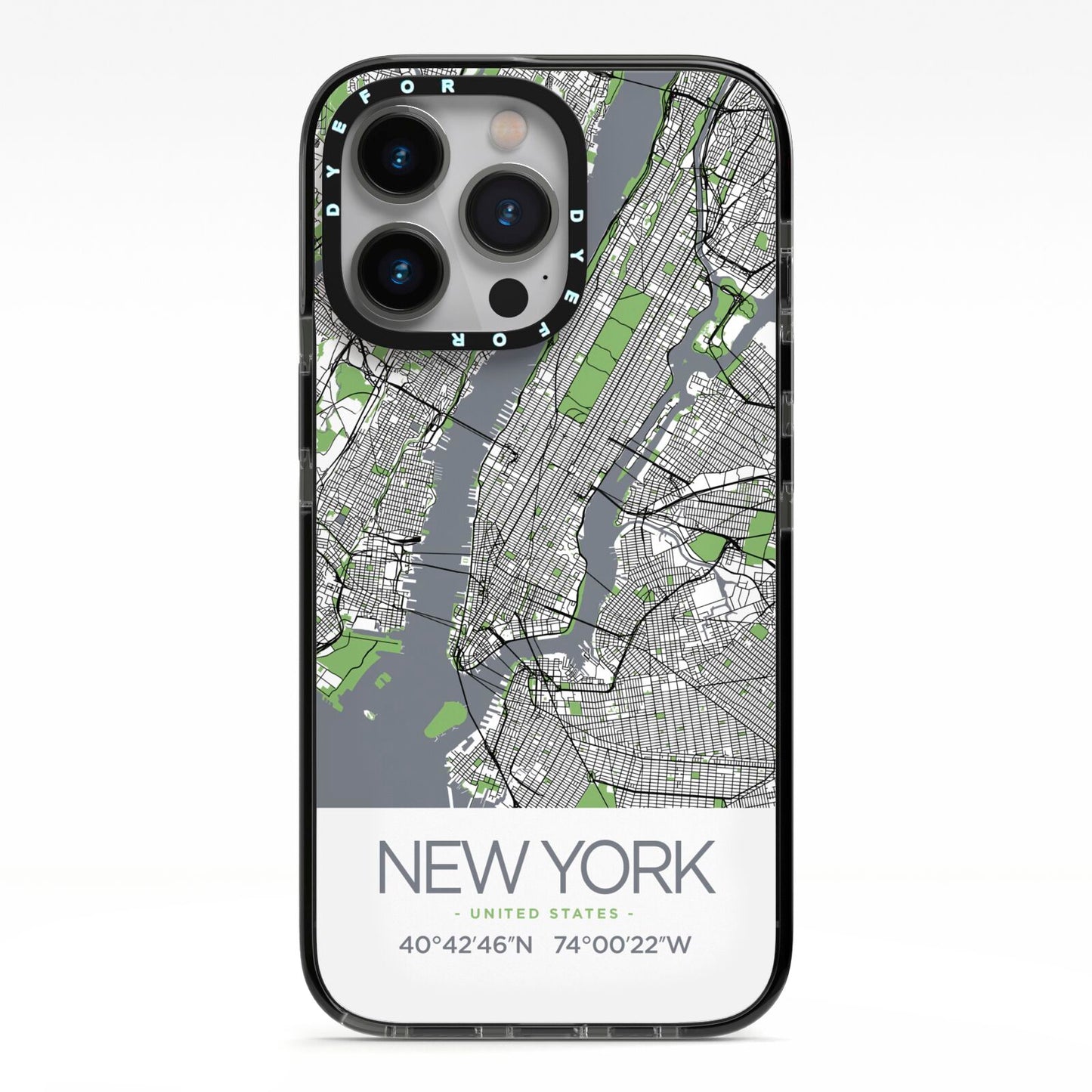 Map of New York iPhone 13 Pro Black Impact Case on Silver phone