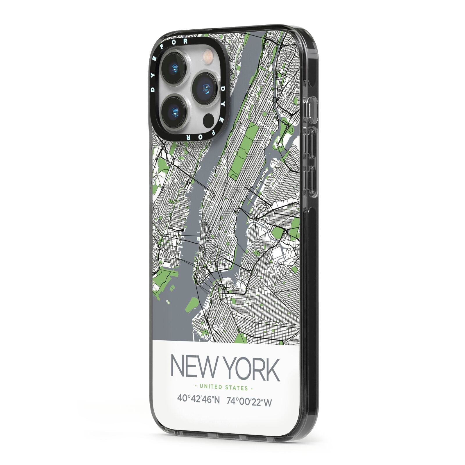 Map of New York iPhone 13 Pro Max Black Impact Case Side Angle on Silver phone