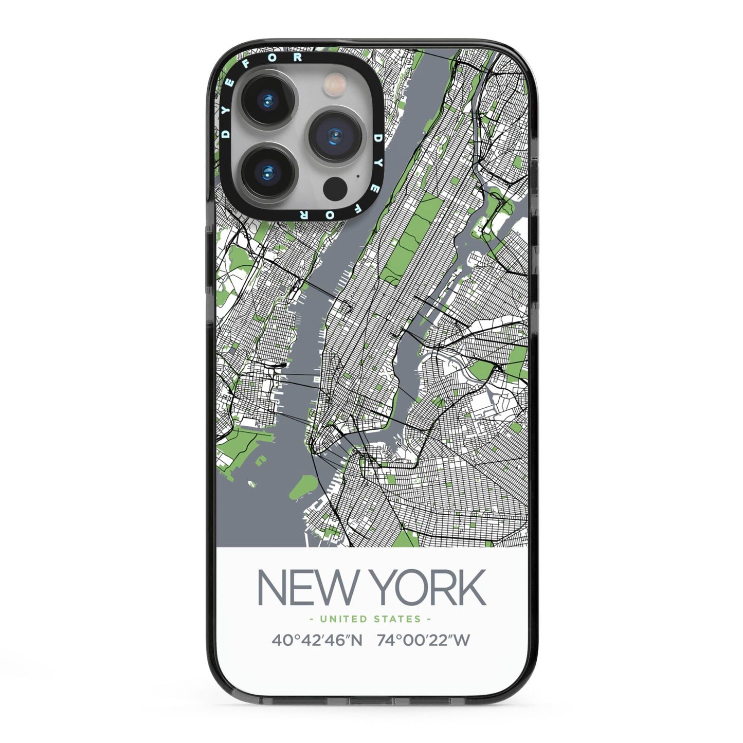 Map of New York iPhone 13 Pro Max Black Impact Case on Silver phone