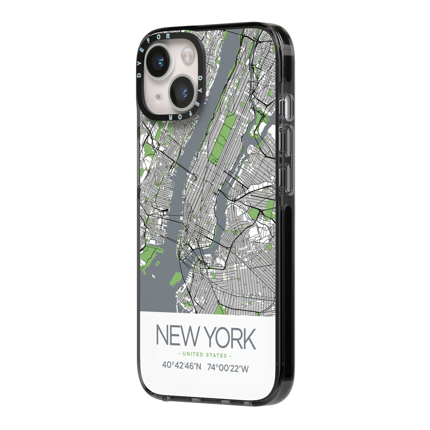 Map of New York iPhone 14 Black Impact Case Side Angle on Silver phone