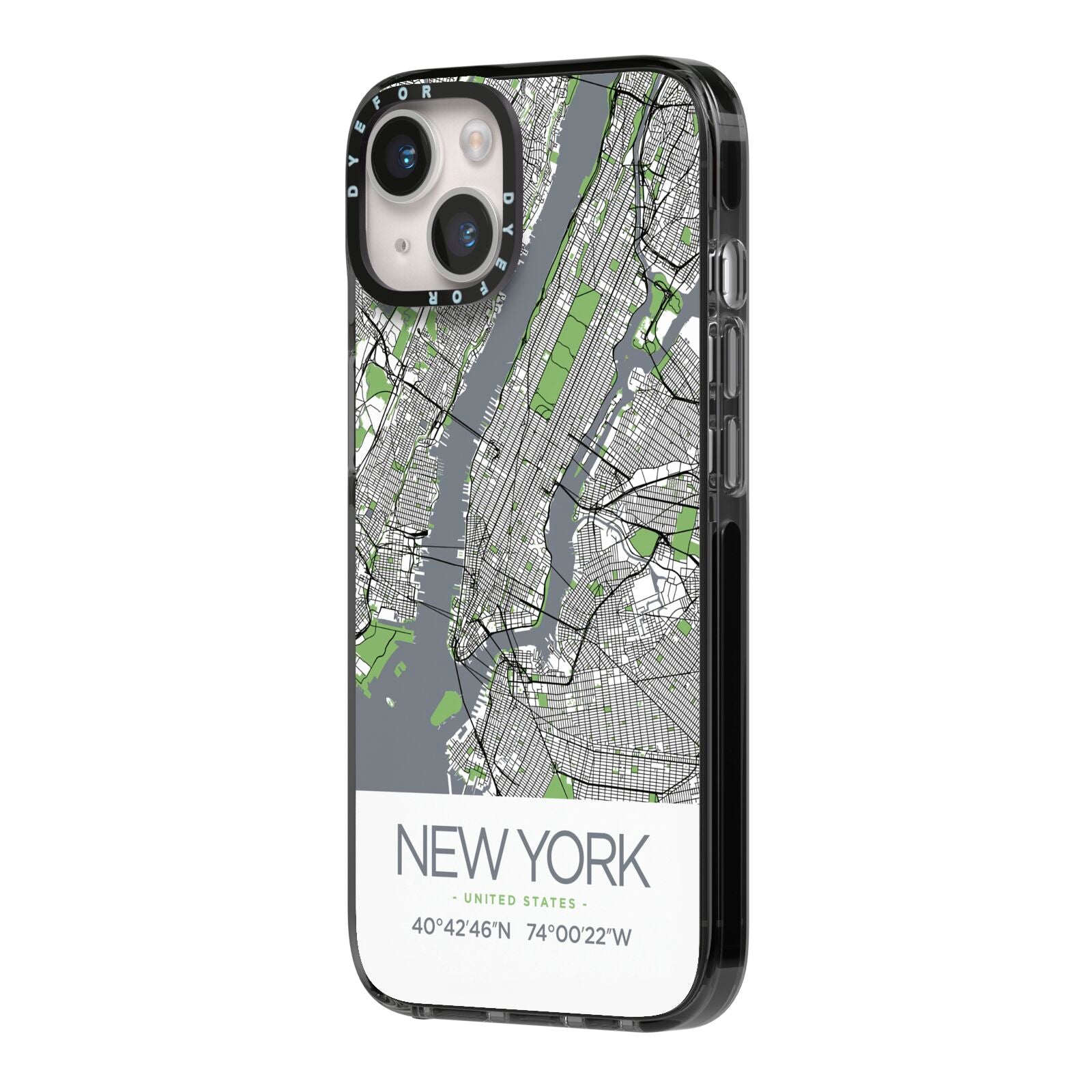 Map of New York iPhone 14 Black Impact Case Side Angle on Silver phone