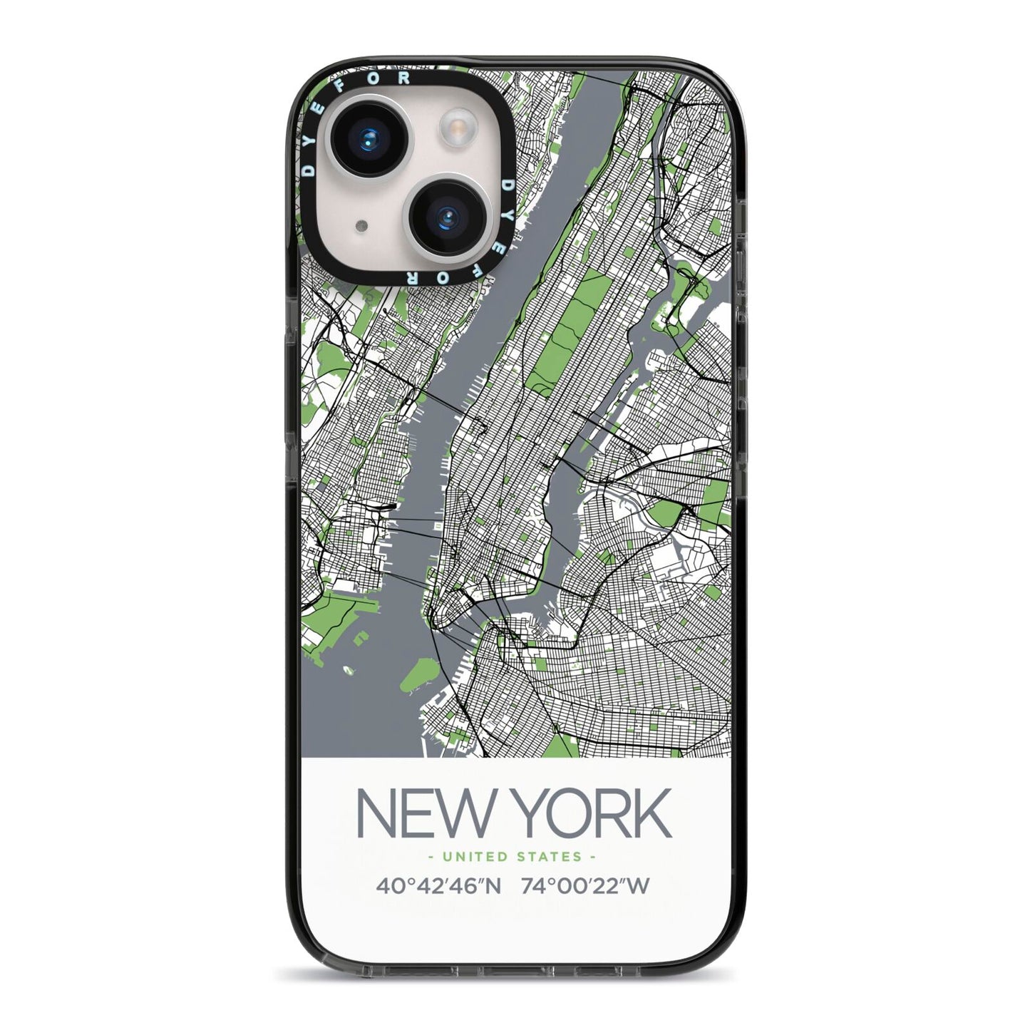 Map of New York iPhone 14 Black Impact Case on Silver phone