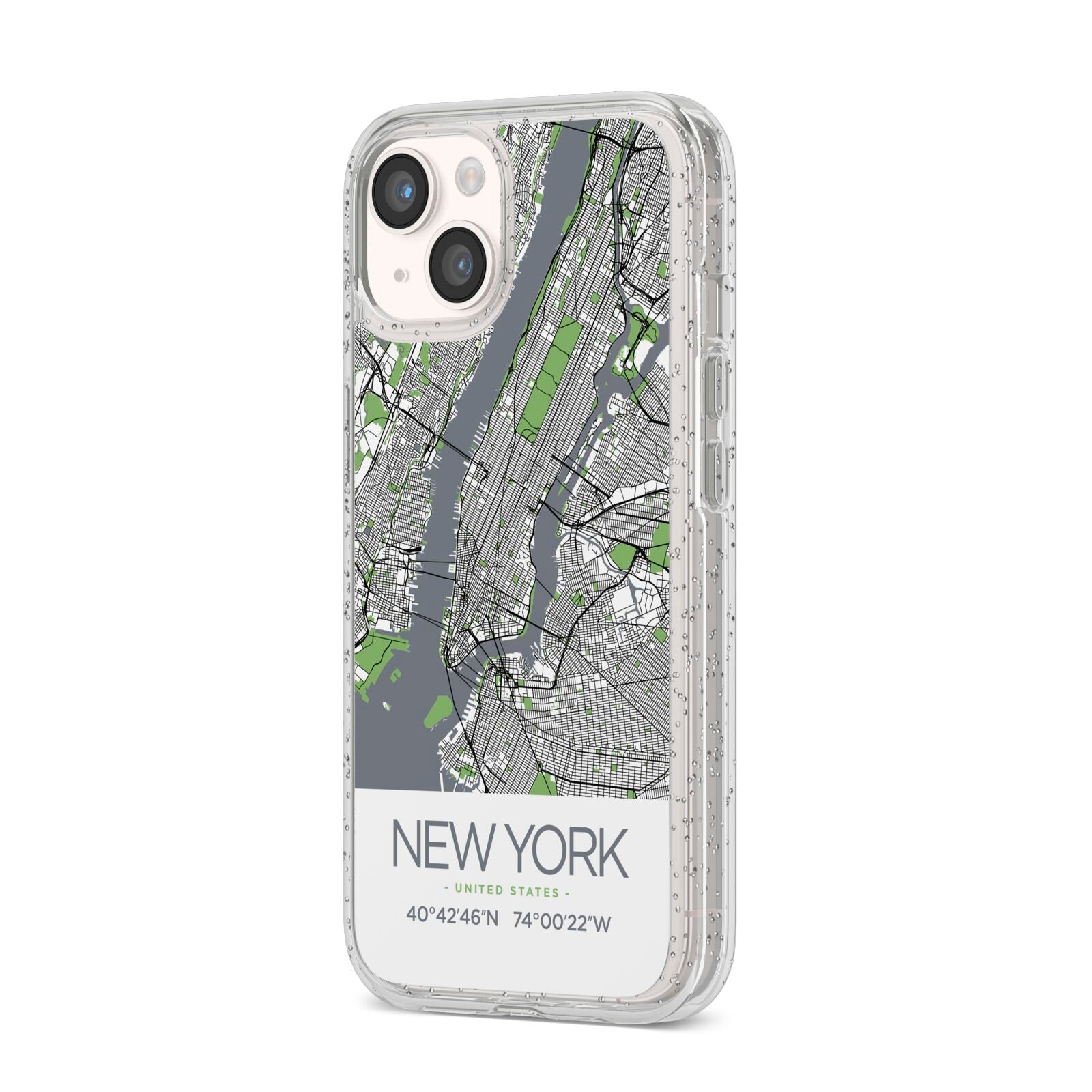 Map of New York iPhone 14 Glitter Tough Case Starlight Angled Image