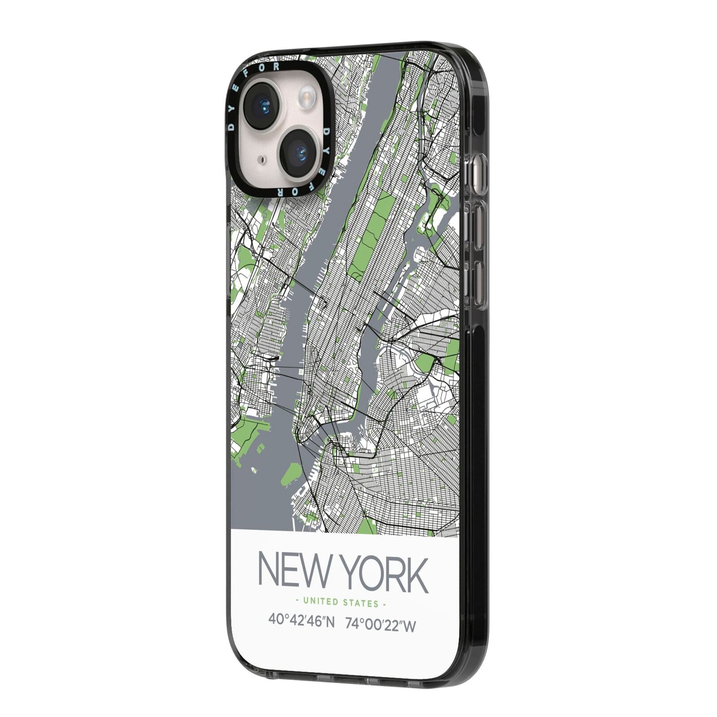 Map of New York iPhone 14 Plus Black Impact Case Side Angle on Silver phone