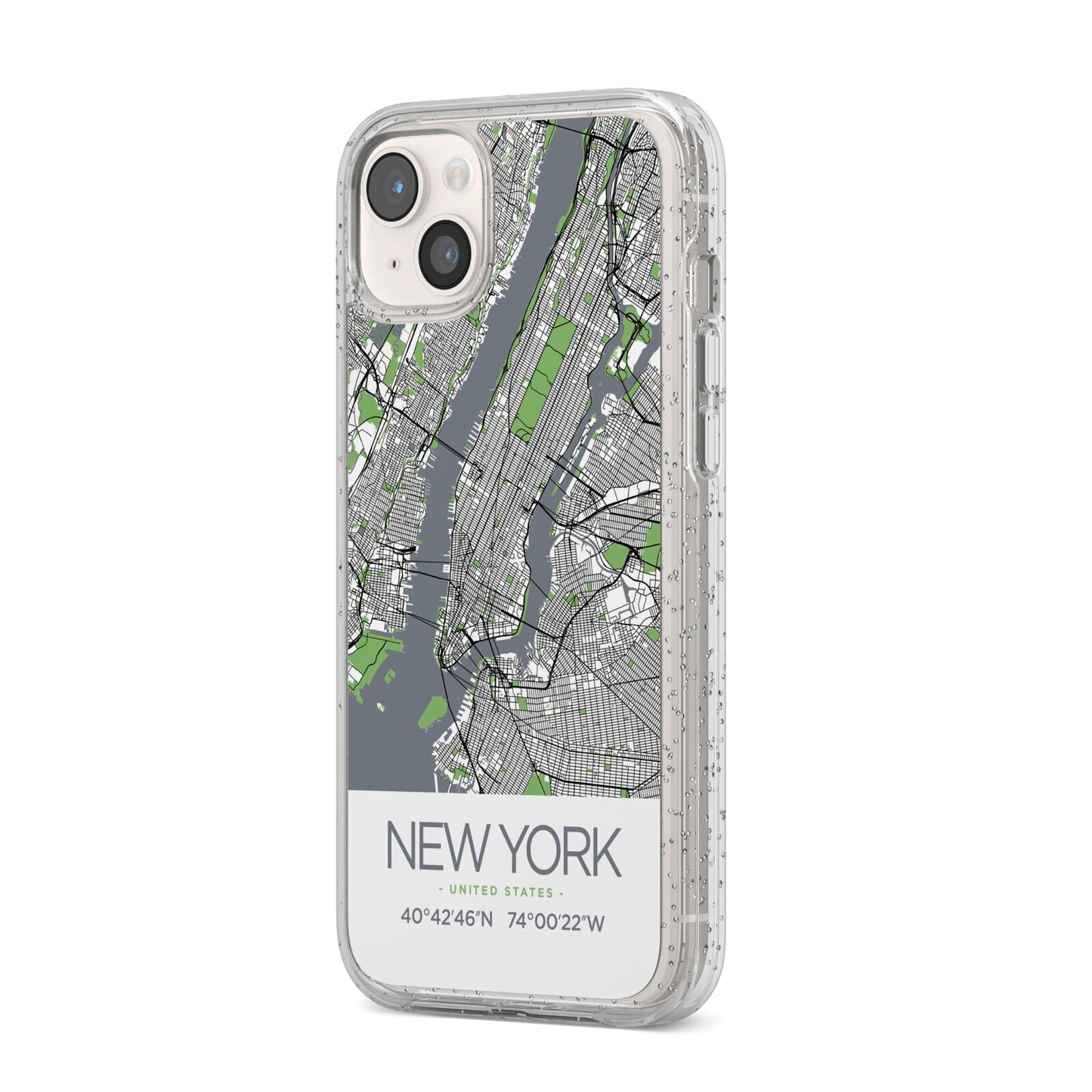 Map of New York iPhone 14 Plus Glitter Tough Case Starlight Angled Image