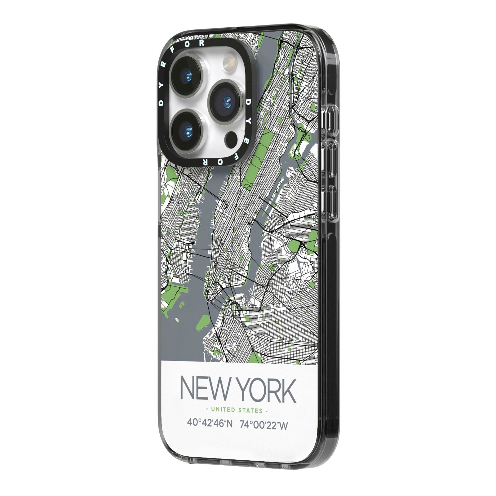 Map of New York iPhone 14 Pro Black Impact Case Side Angle on Silver phone