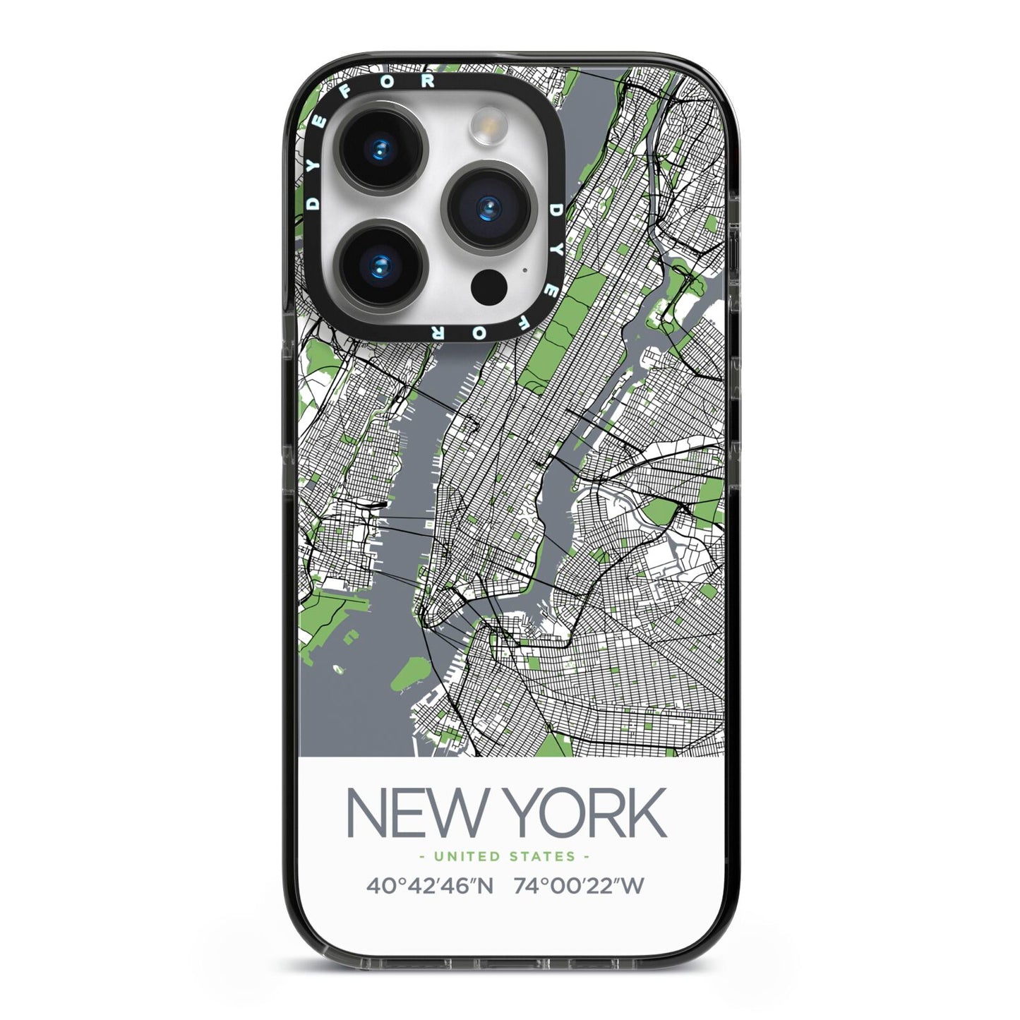 Map of New York iPhone 14 Pro Black Impact Case on Silver phone