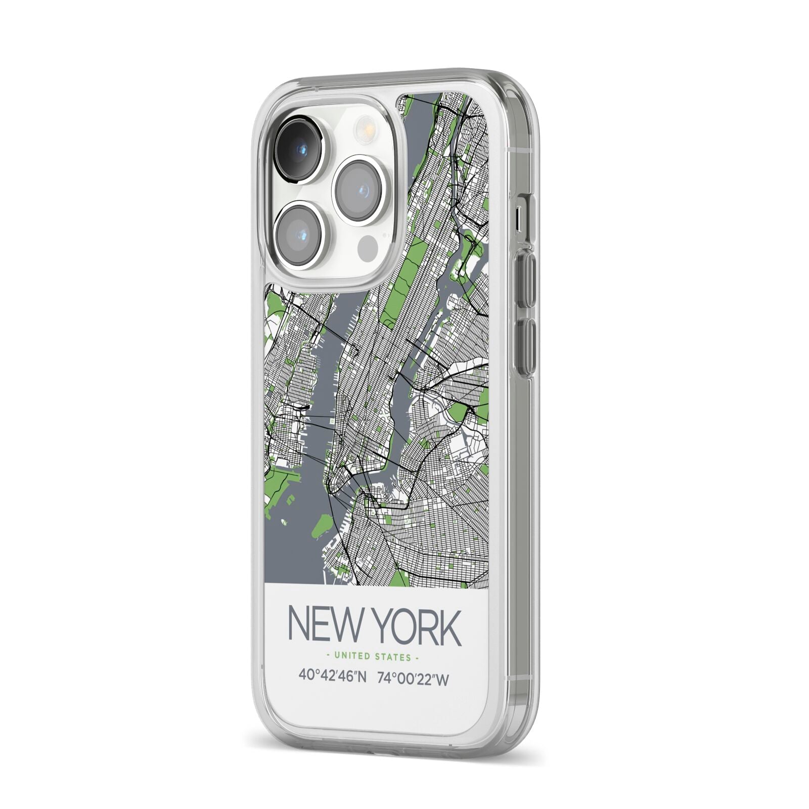 Map of New York iPhone 14 Pro Clear Tough Case Silver Angled Image