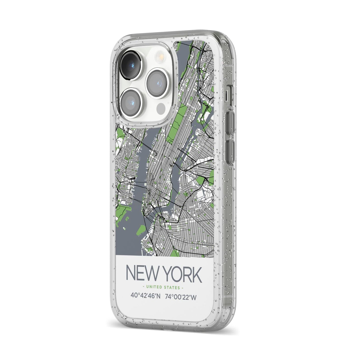 Map of New York iPhone 14 Pro Glitter Tough Case Silver Angled Image