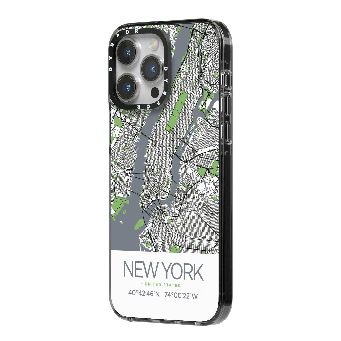 Map of New York iPhone 14 Pro Max Black Impact Case Side Angle on Silver phone