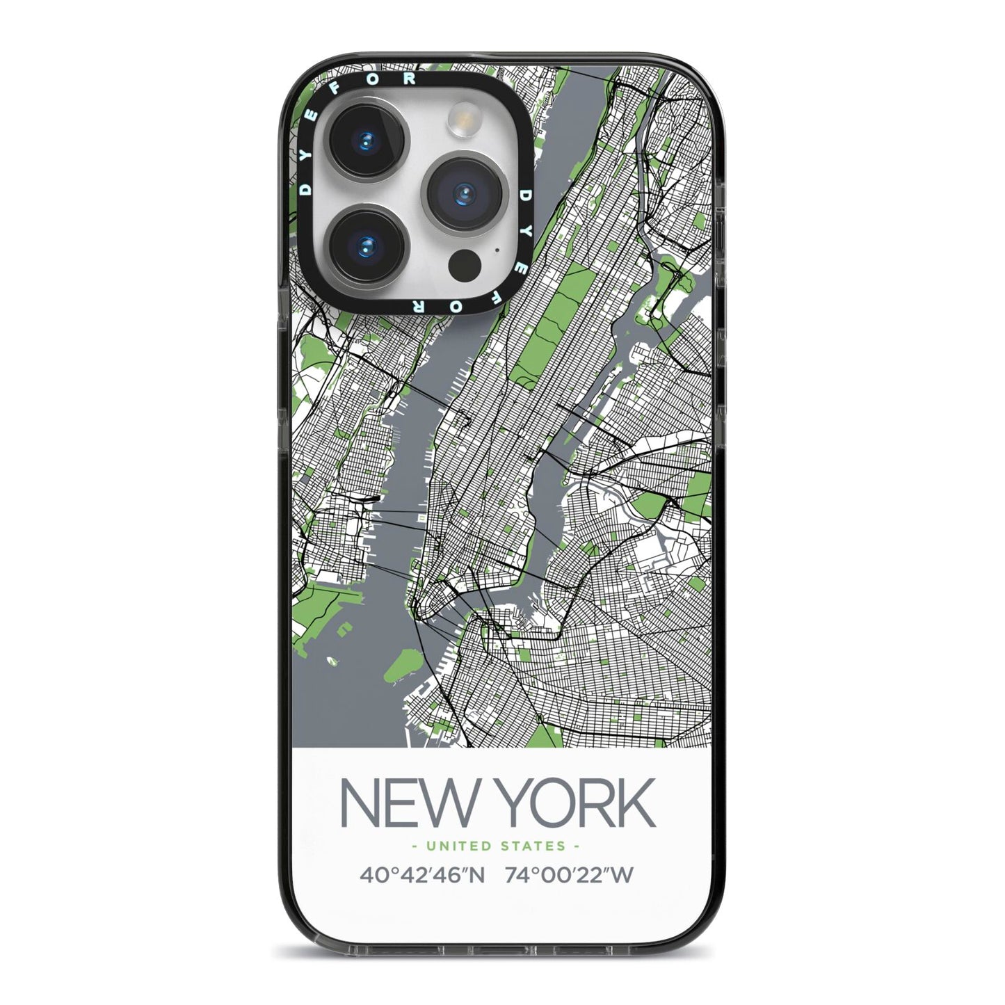 Map of New York iPhone 14 Pro Max Black Impact Case on Silver phone