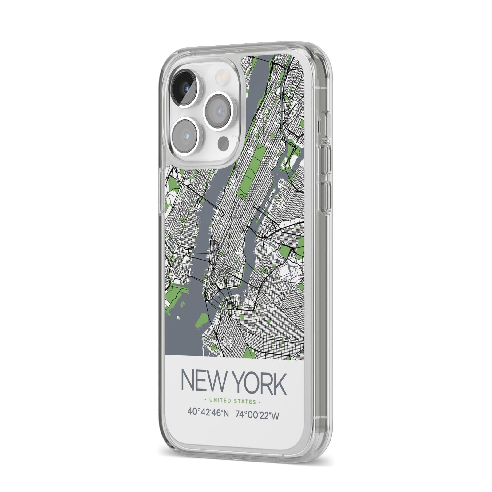 Map of New York iPhone 14 Pro Max Clear Tough Case Silver Angled Image