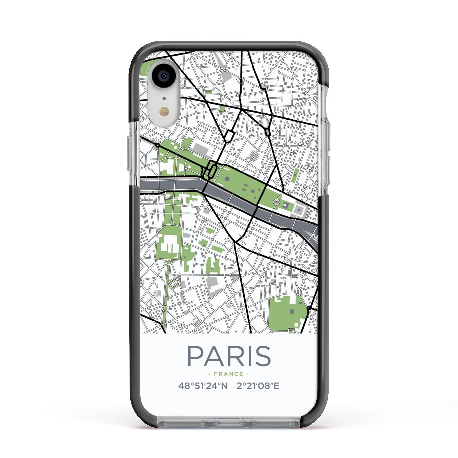 Map of Paris Apple iPhone XR Impact Case Black Edge on Silver Phone