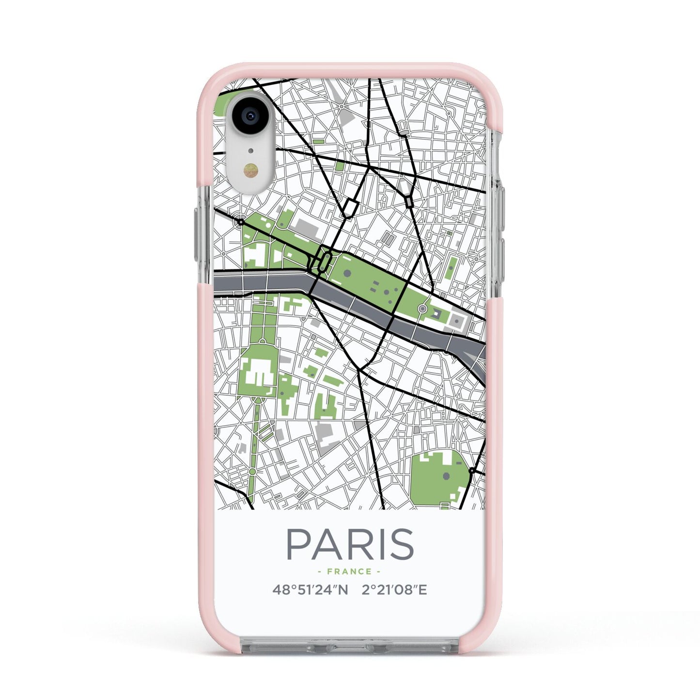 Map of Paris Apple iPhone XR Impact Case Pink Edge on Silver Phone