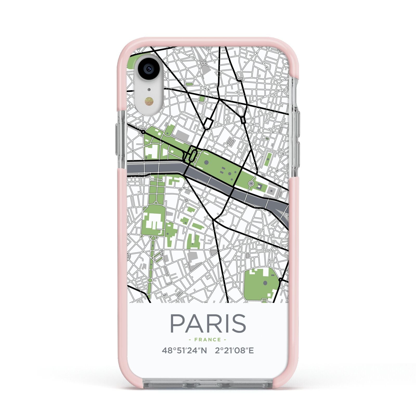 Map of Paris Apple iPhone XR Impact Case Pink Edge on Silver Phone