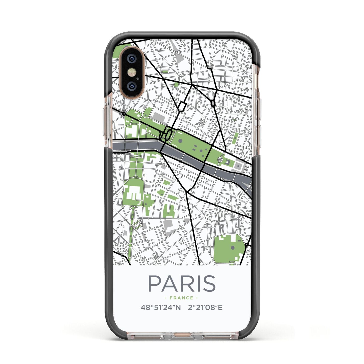 Map of Paris Apple iPhone Xs Impact Case Black Edge on Gold Phone