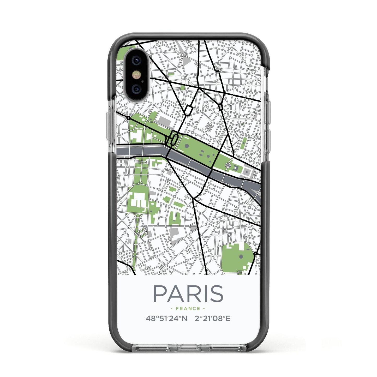 Map of Paris Apple iPhone Xs Impact Case Black Edge on Silver Phone