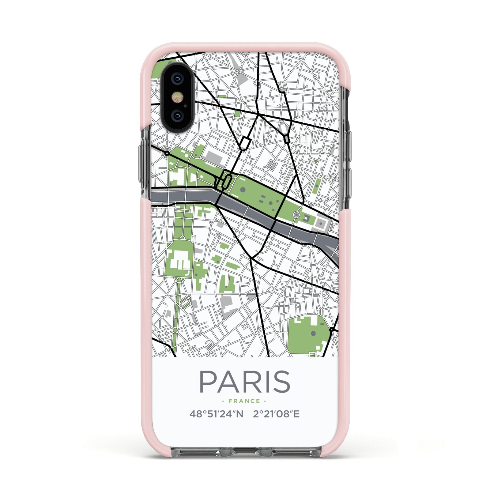 Map of Paris Apple iPhone Xs Impact Case Pink Edge on Black Phone