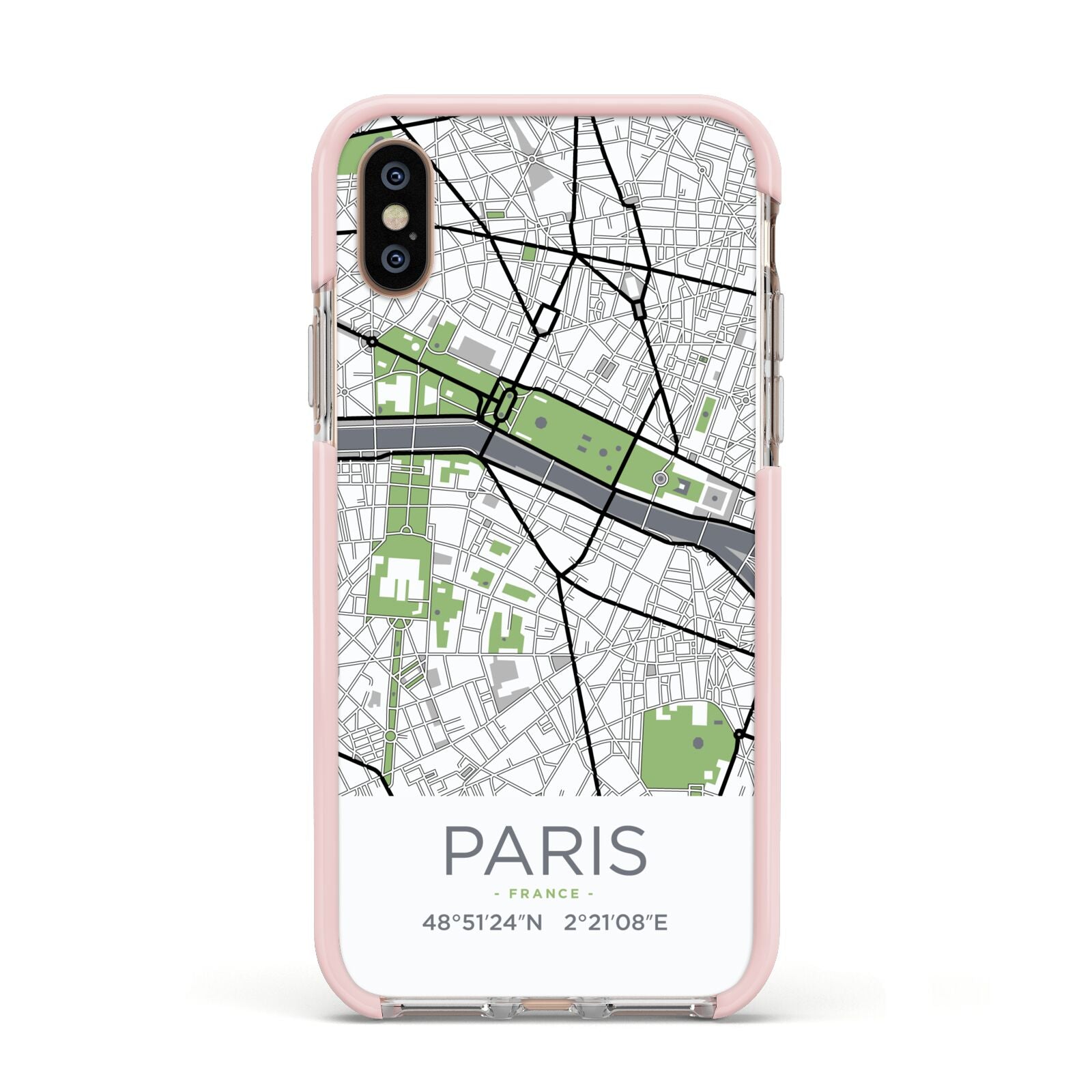 Map of Paris Apple iPhone Xs Impact Case Pink Edge on Gold Phone