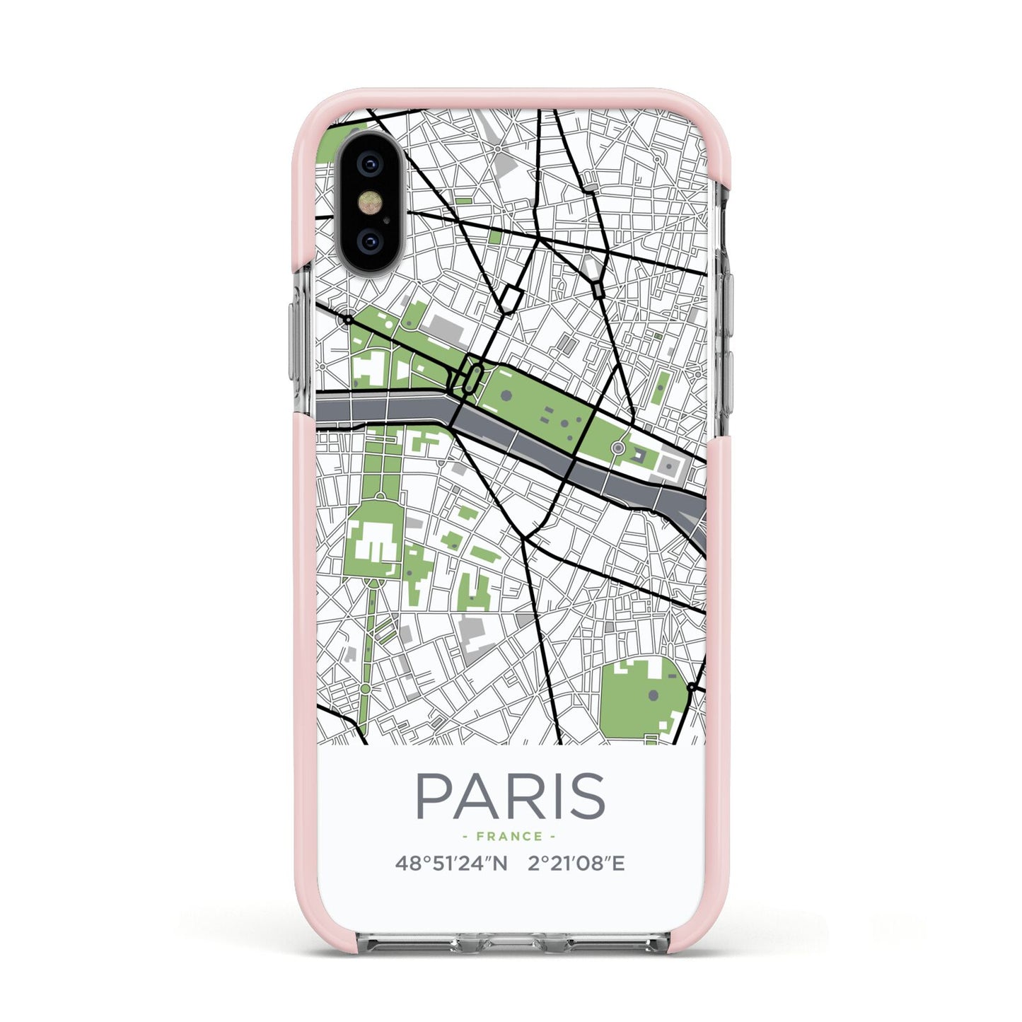 Map of Paris Apple iPhone Xs Impact Case Pink Edge on Silver Phone