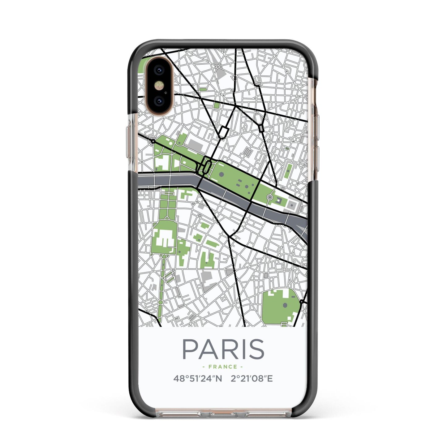 Map of Paris Apple iPhone Xs Max Impact Case Black Edge on Gold Phone