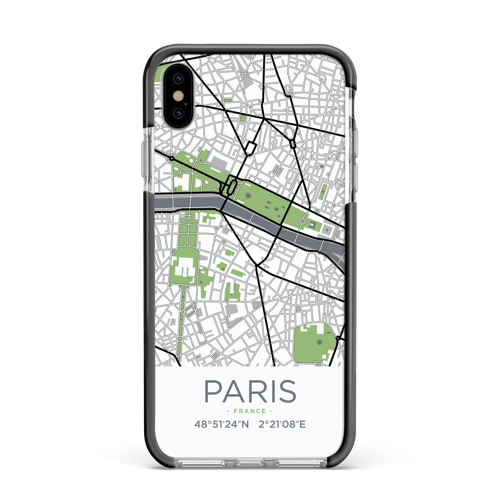 Map of Paris Apple iPhone Xs Max Impact Case Black Edge on Silver Phone