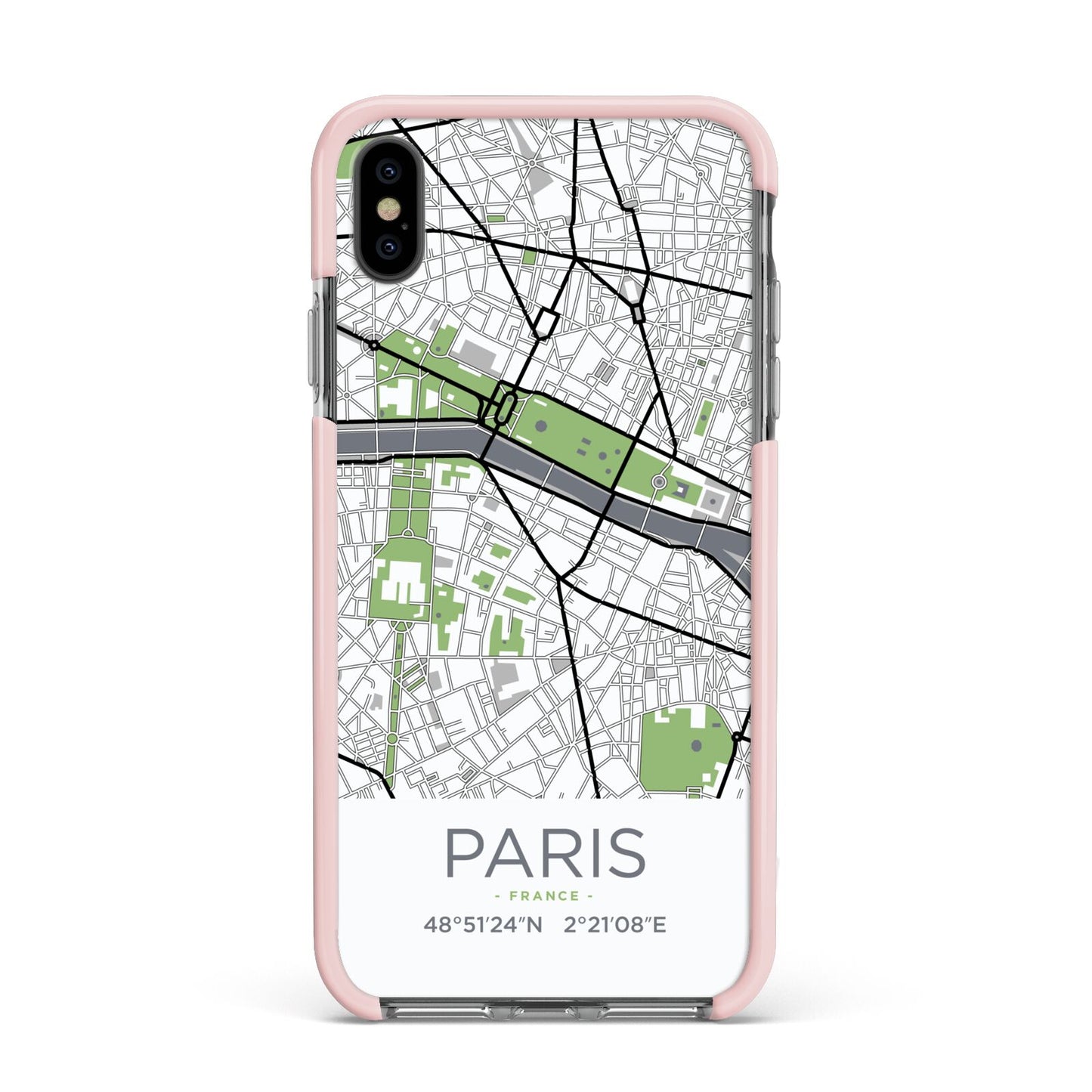 Map of Paris Apple iPhone Xs Max Impact Case Pink Edge on Black Phone