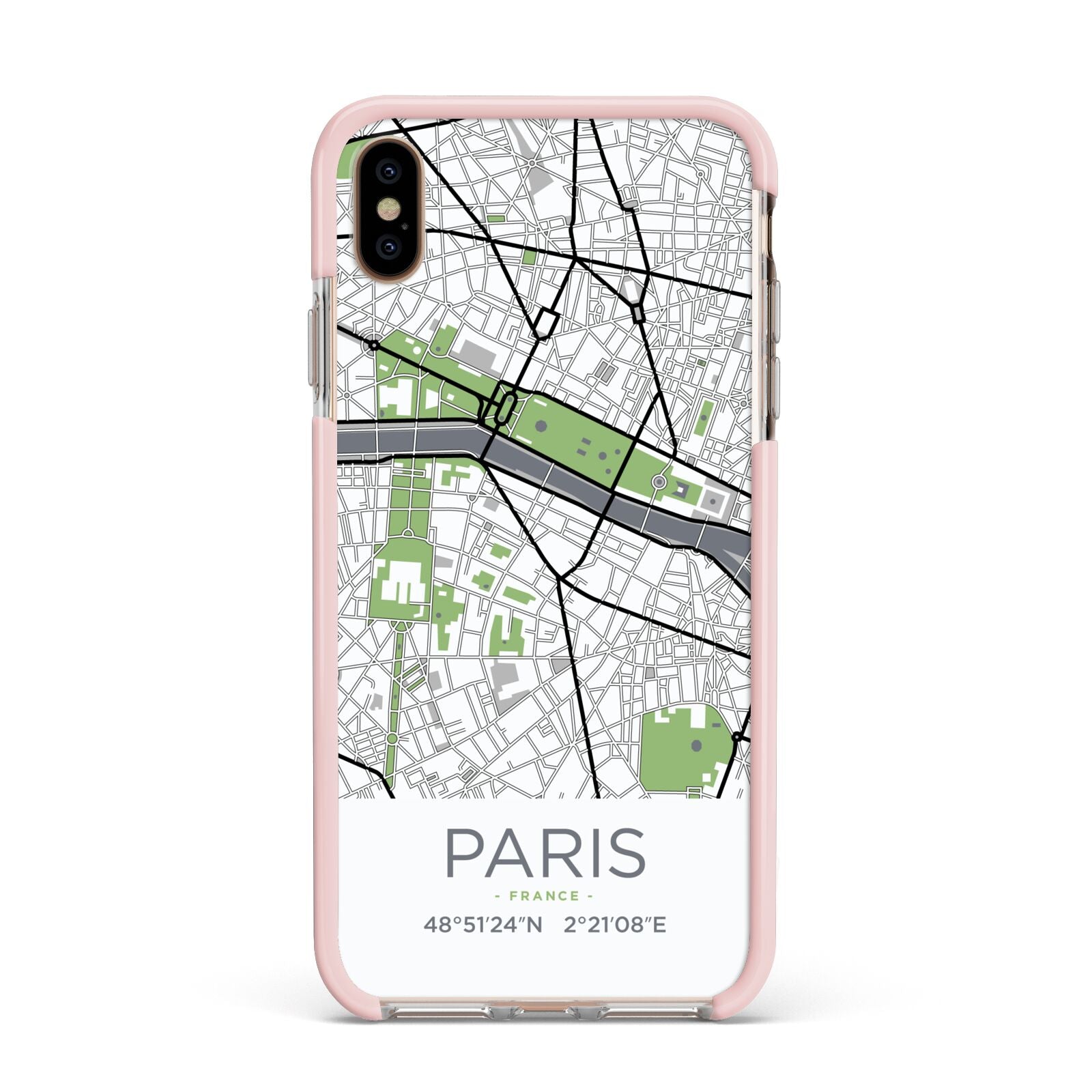 Map of Paris Apple iPhone Xs Max Impact Case Pink Edge on Gold Phone