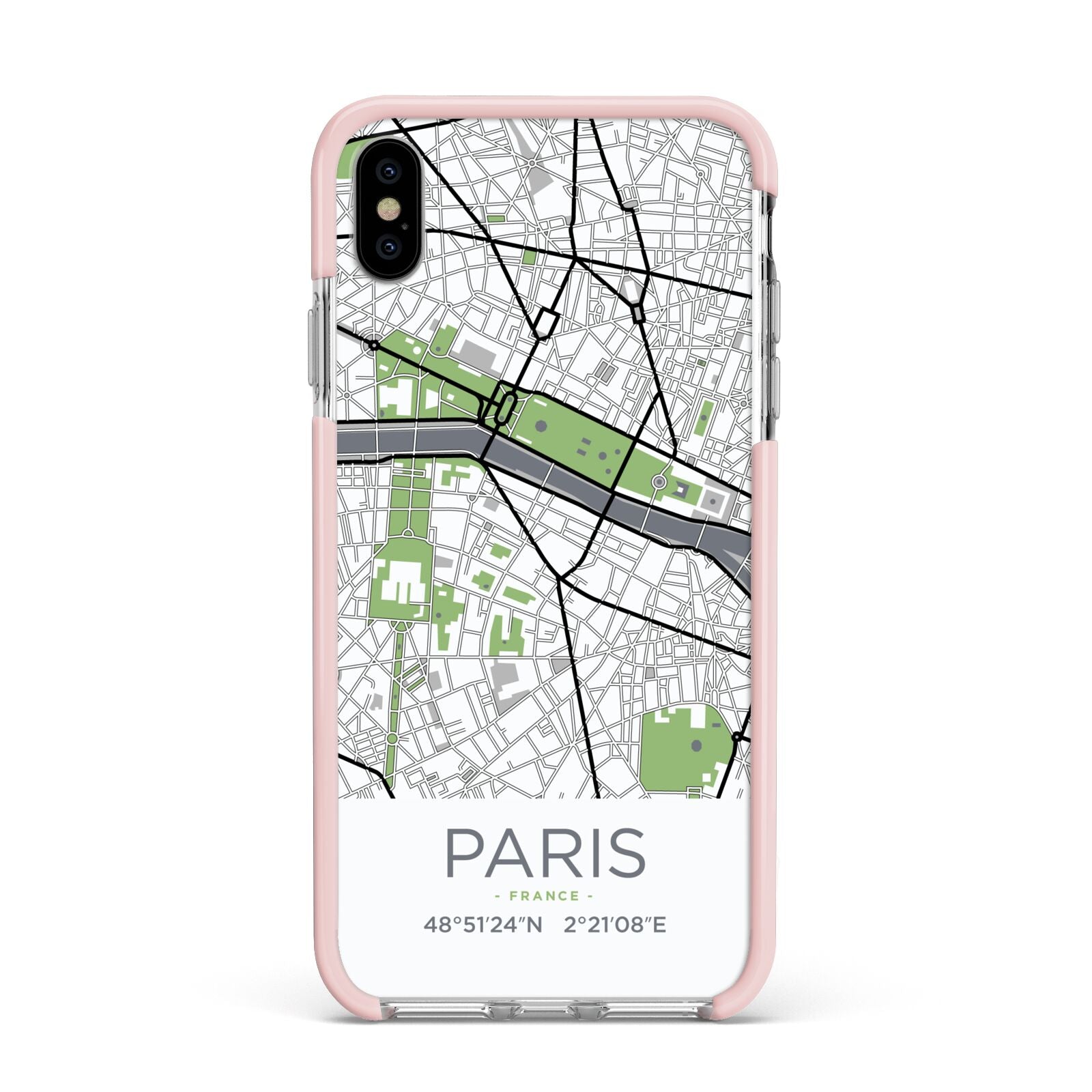 Map of Paris Apple iPhone Xs Max Impact Case Pink Edge on Silver Phone