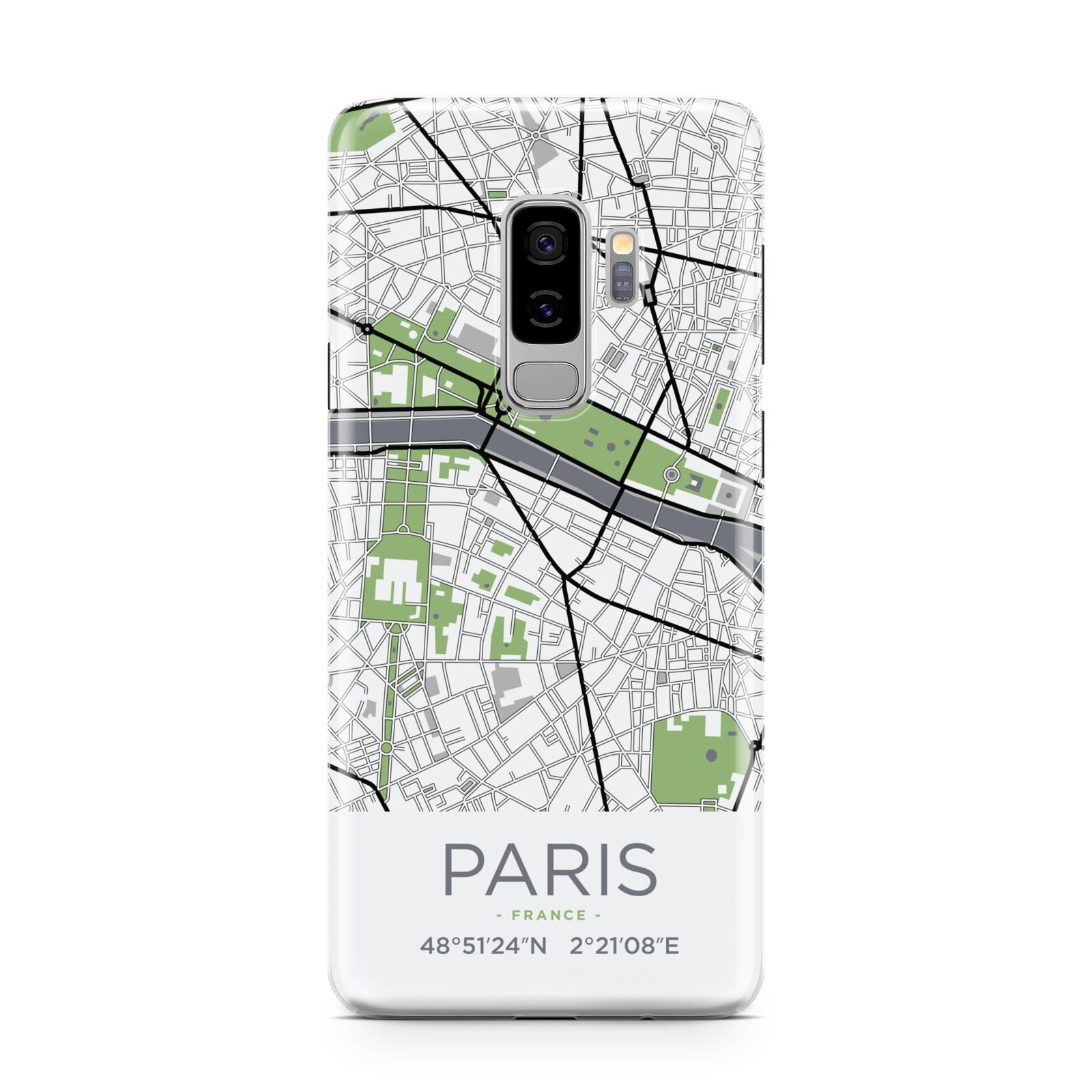 Map of Paris Samsung Galaxy S9 Plus Case on Silver phone