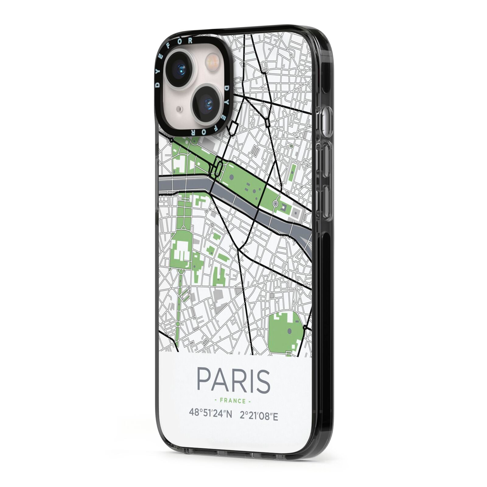 Map of Paris iPhone 13 Black Impact Case Side Angle on Silver phone