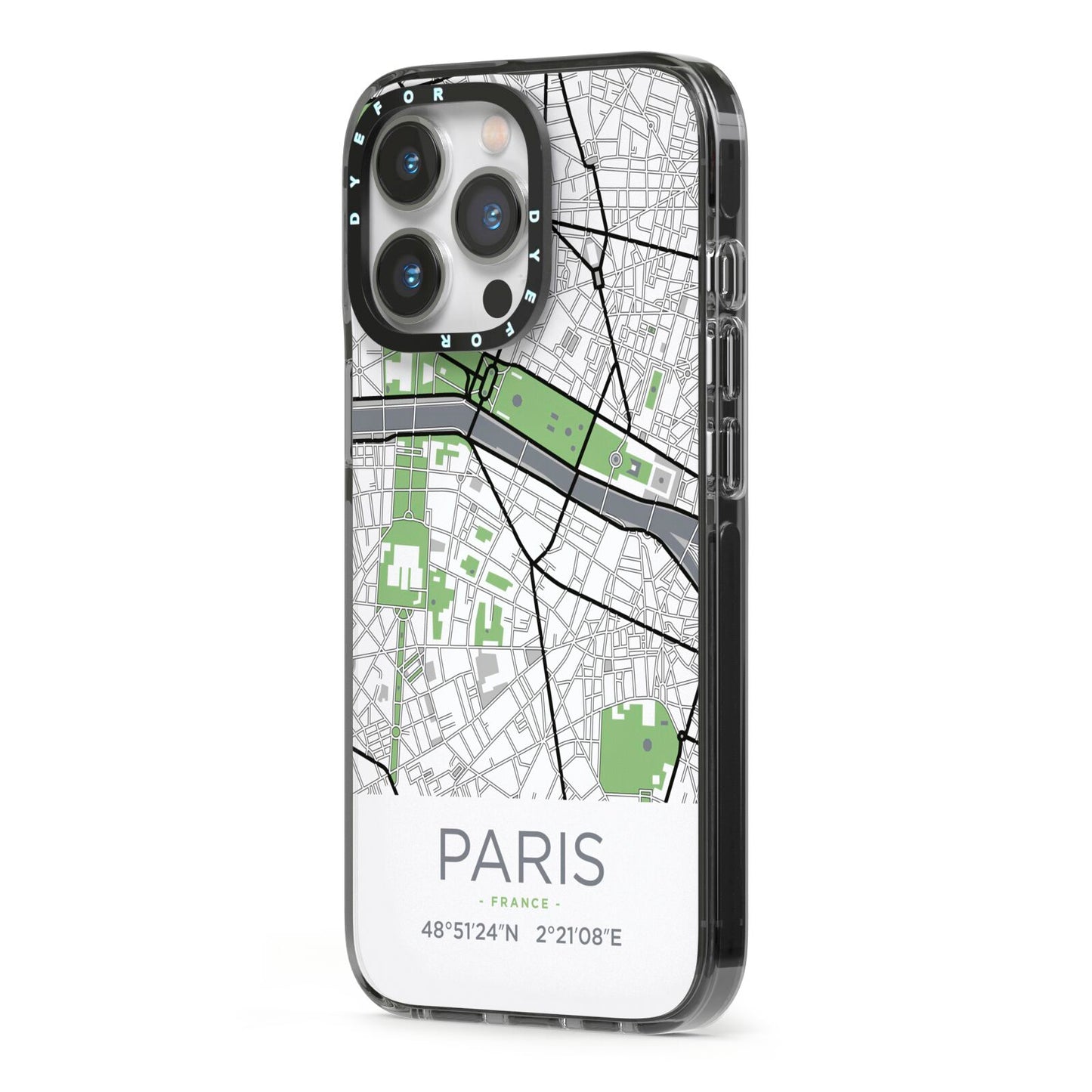 Map of Paris iPhone 13 Pro Black Impact Case Side Angle on Silver phone