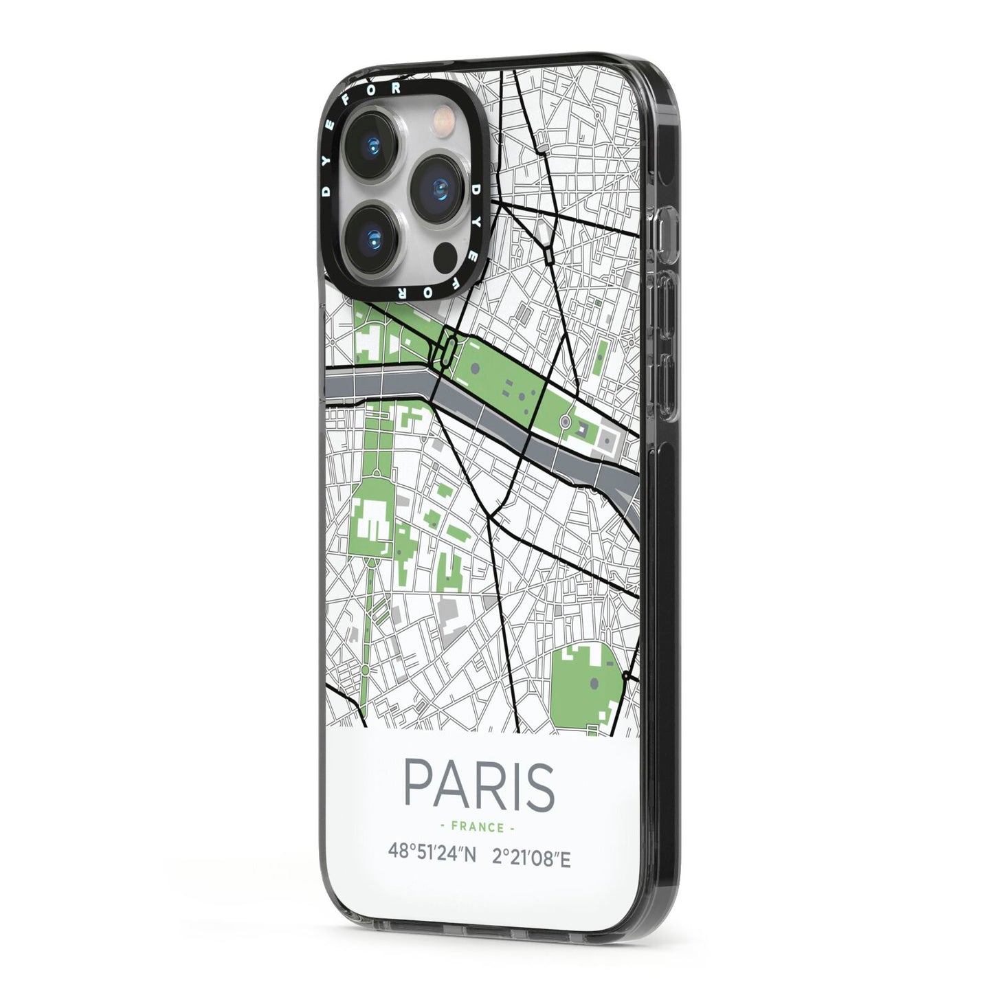 Map of Paris iPhone 13 Pro Max Black Impact Case Side Angle on Silver phone