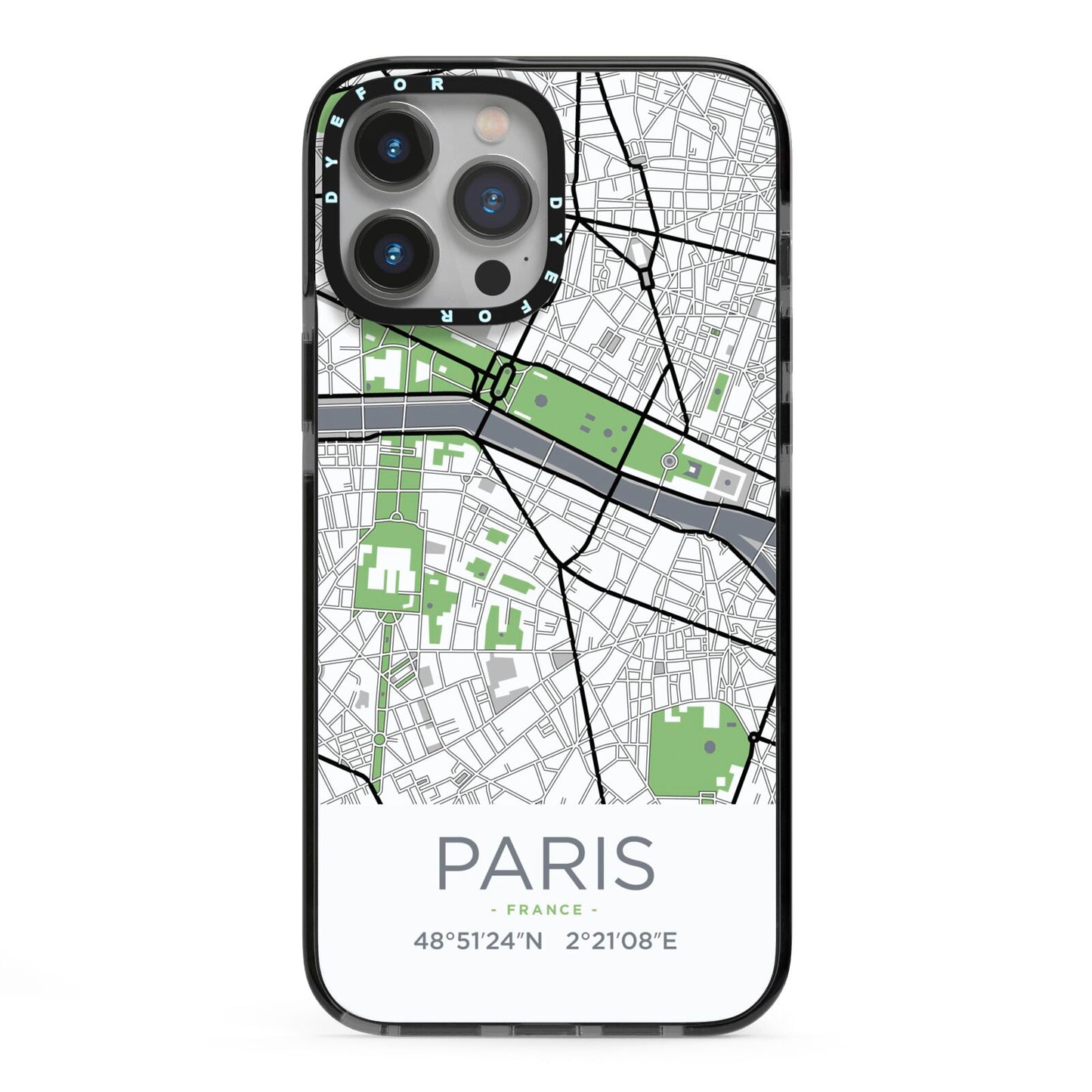 Map of Paris iPhone 13 Pro Max Black Impact Case on Silver phone