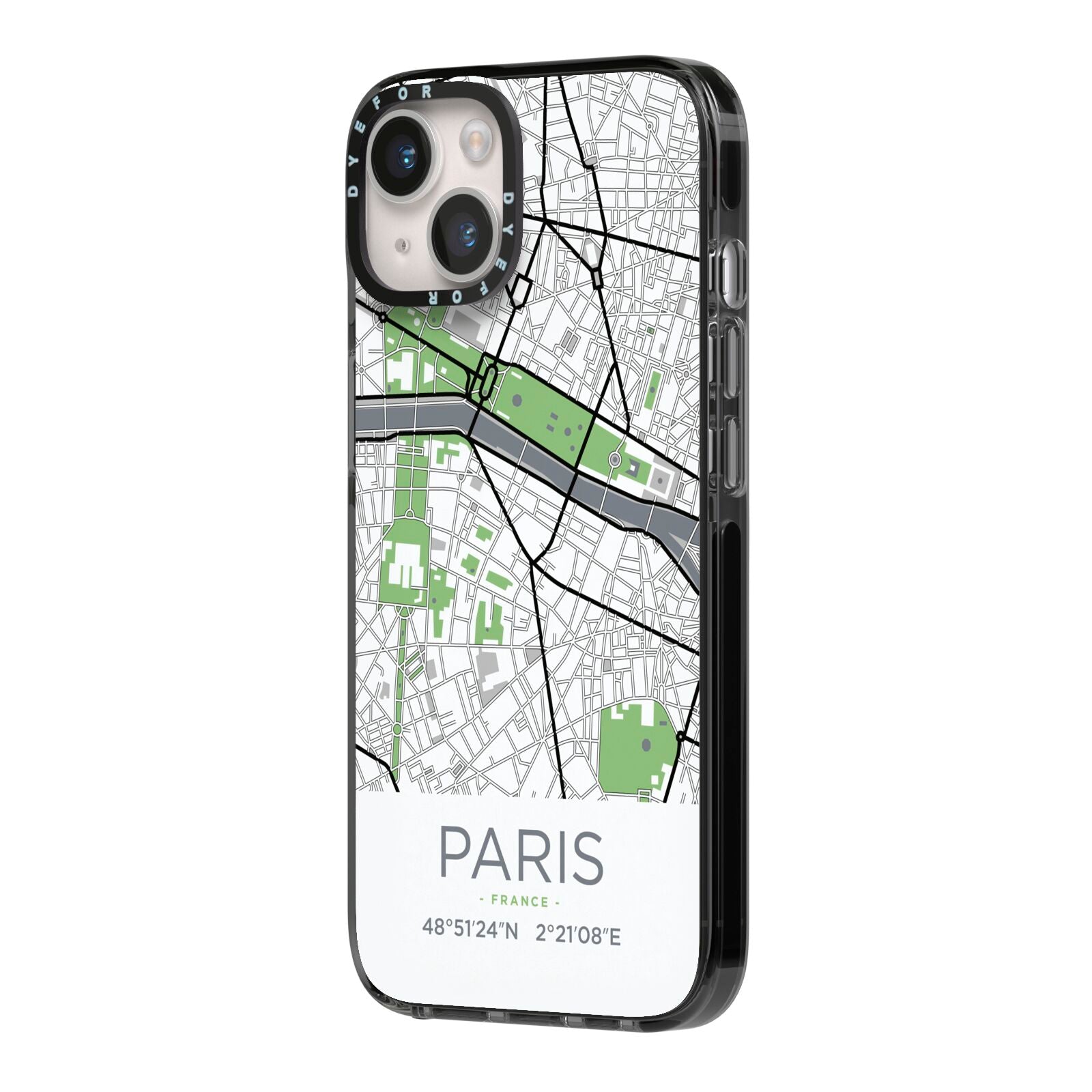 Map of Paris iPhone 14 Black Impact Case Side Angle on Silver phone