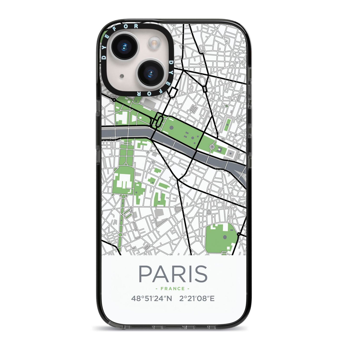 Map of Paris iPhone 14 Black Impact Case on Silver phone