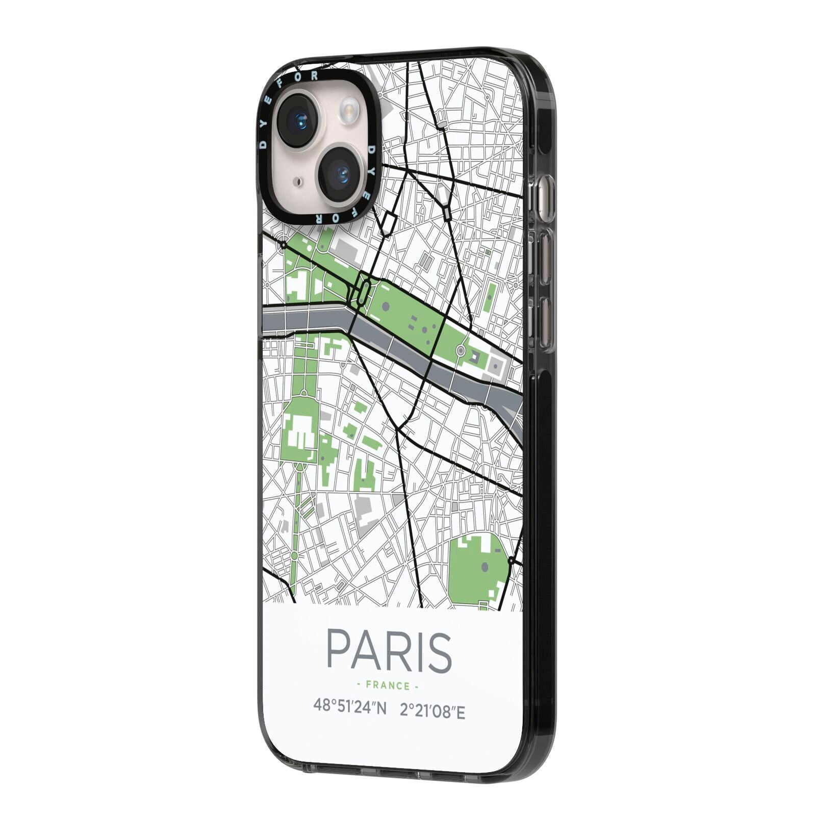 Map of Paris iPhone 14 Plus Black Impact Case Side Angle on Silver phone