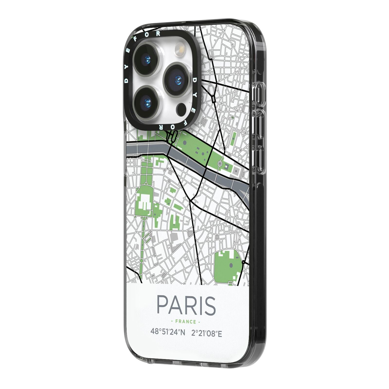 Map of Paris iPhone 14 Pro Black Impact Case Side Angle on Silver phone