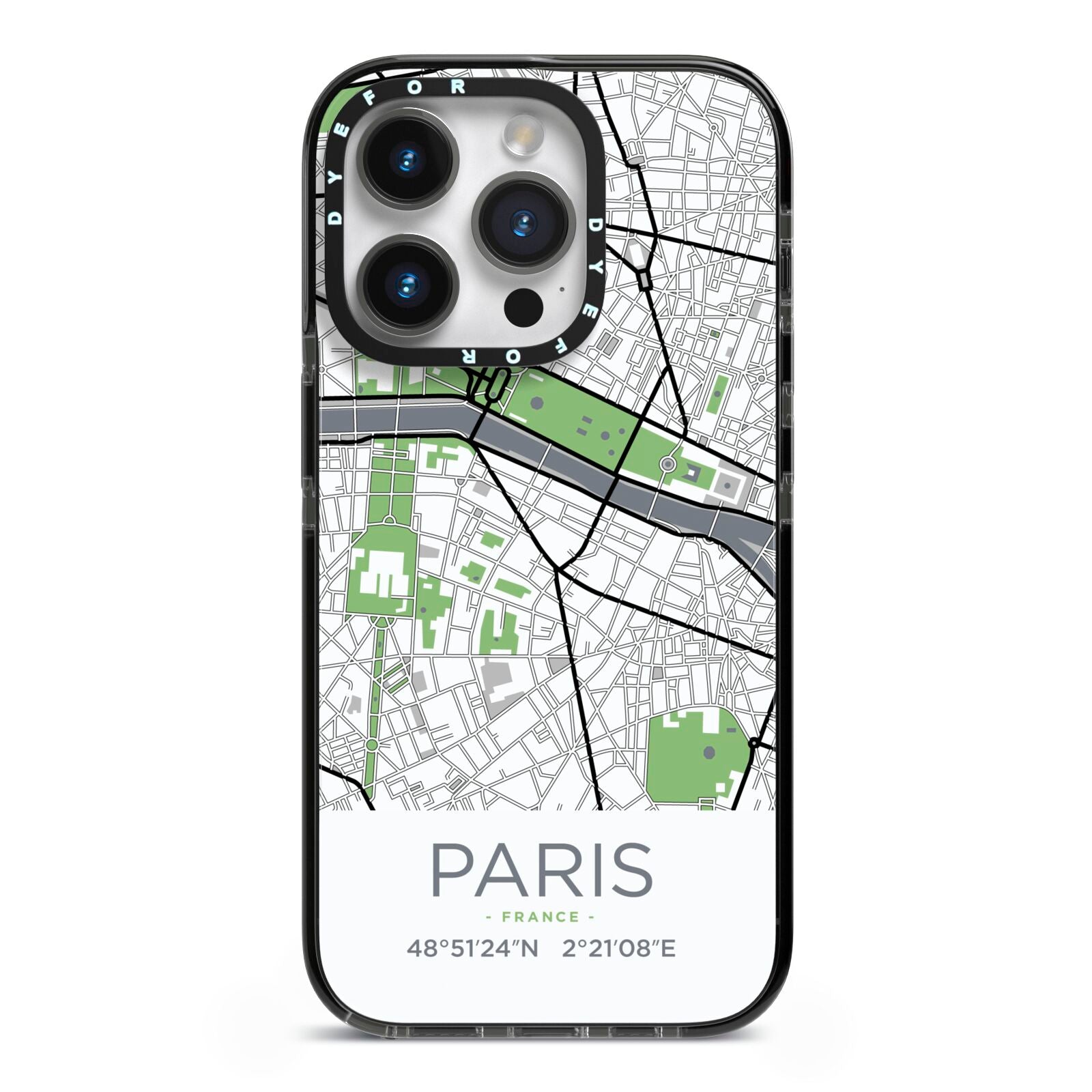 Map of Paris iPhone 14 Pro Black Impact Case on Silver phone