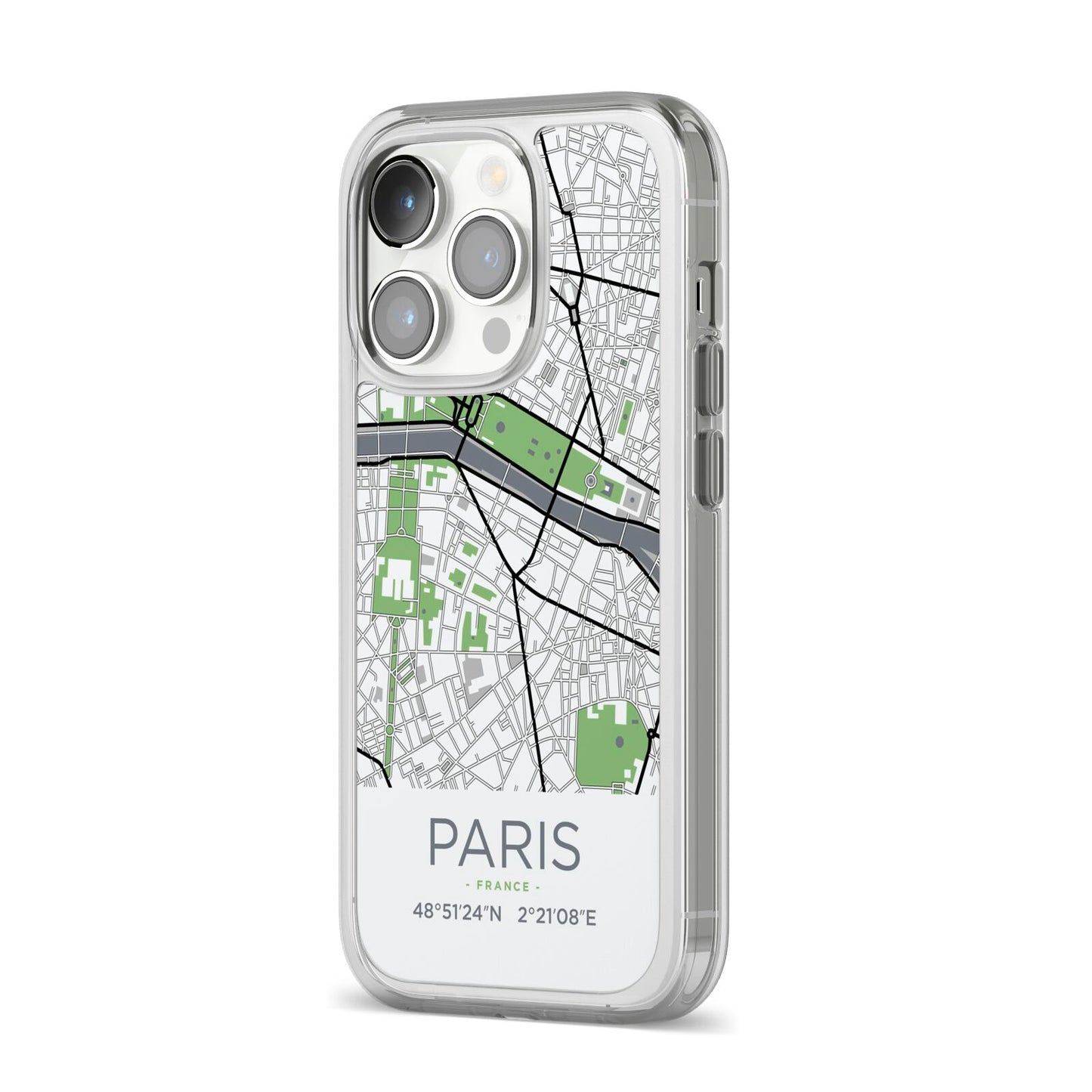 Map of Paris iPhone 14 Pro Clear Tough Case Silver Angled Image