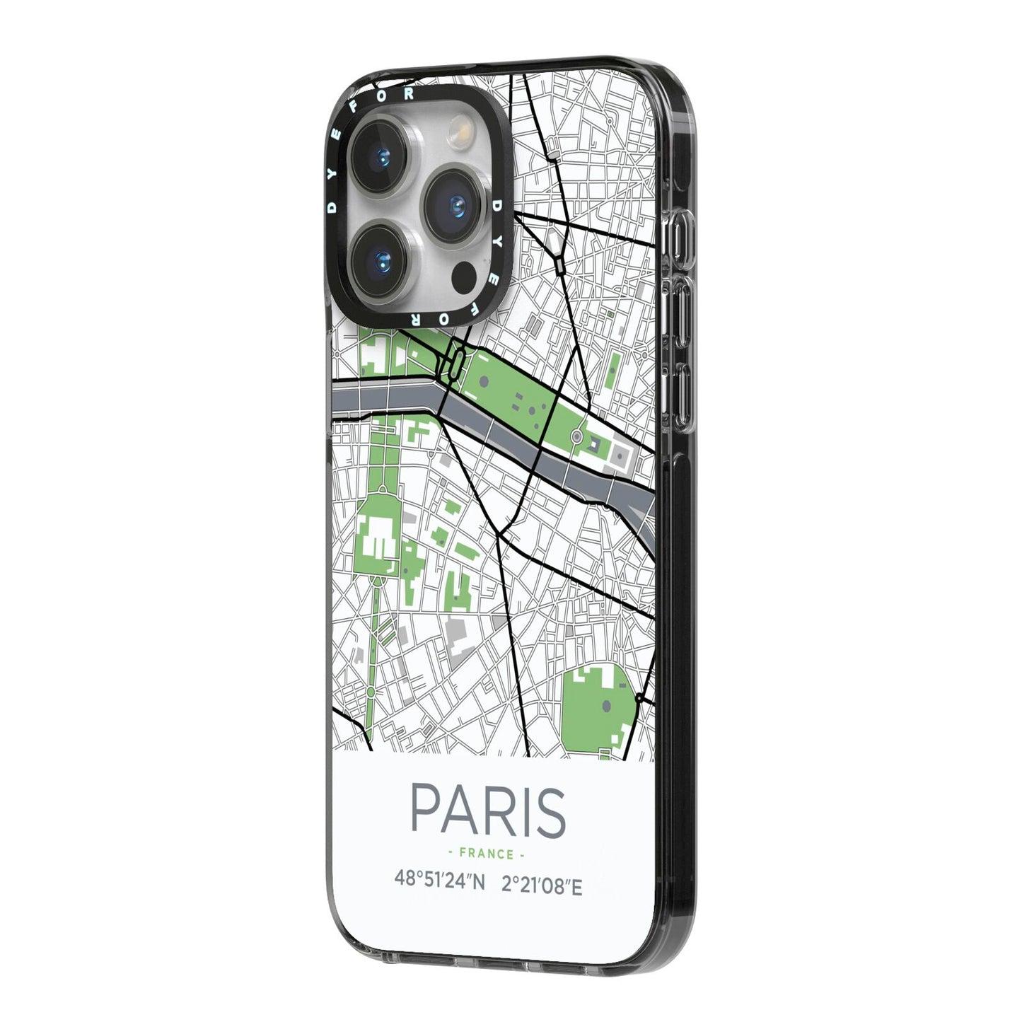 Map of Paris iPhone 14 Pro Max Black Impact Case Side Angle on Silver phone