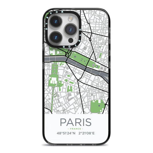 Map of Paris iPhone 14 Pro Max Black Impact Case on Silver phone